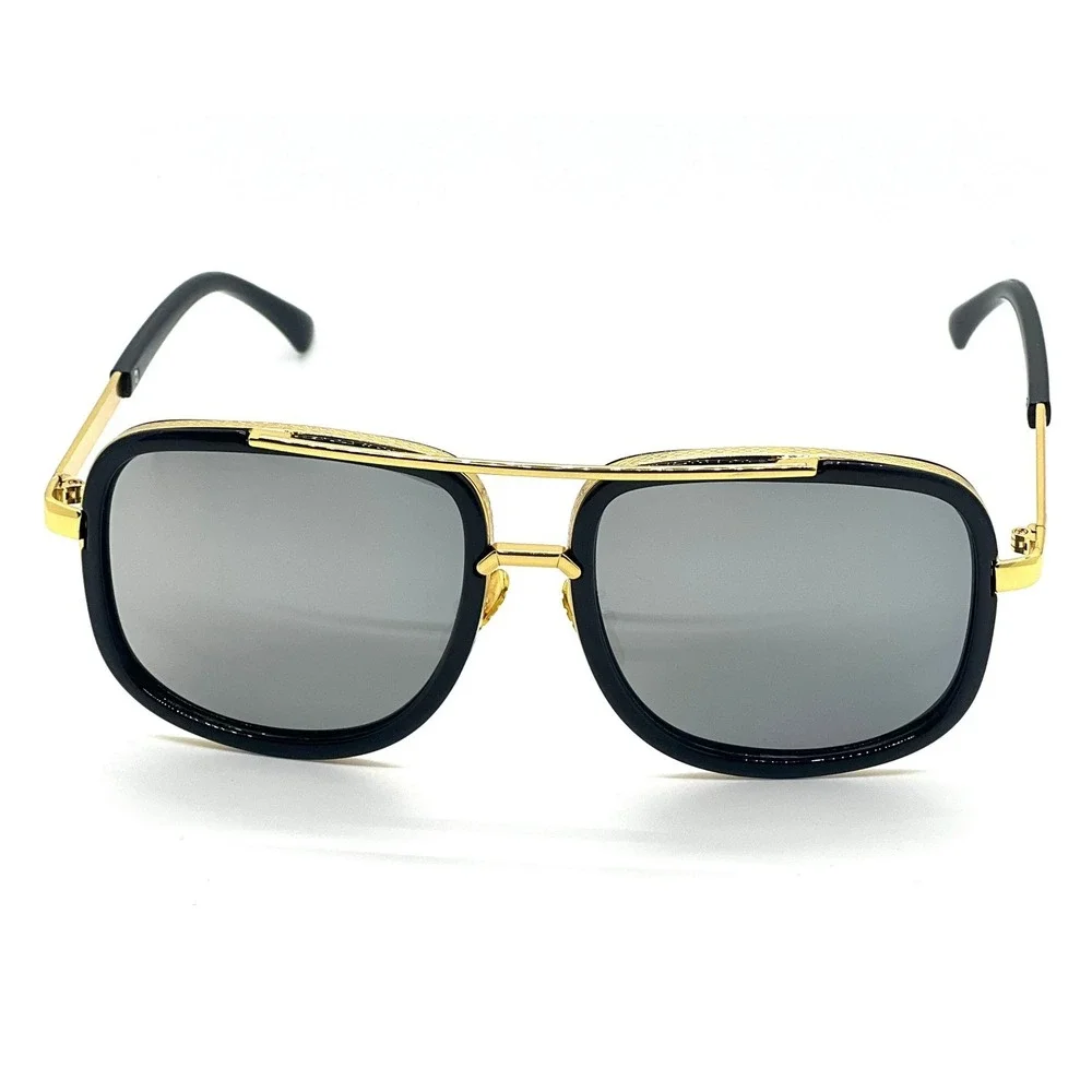Trendy Men‎ Sunglasses Gold Black Frame Mirror Lens Retro Square Oversized Male